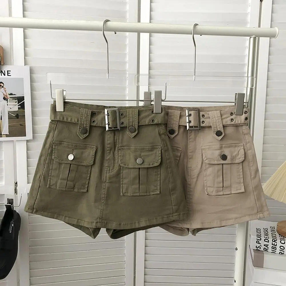 

Side Pockets Skirt Mini Skirt Korean Style High Waist Mini Skirt with Belt Streetwear Culotte Shorts for Women Big Pocket Cargo