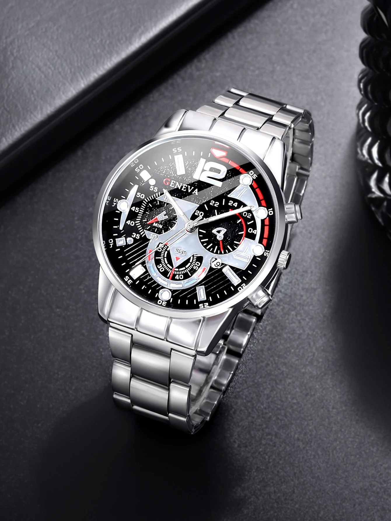 3pcs Business style Silver White Mechanical design men's alloy quartz watch with calendar and alloy Cuba necklace bracelet set 5