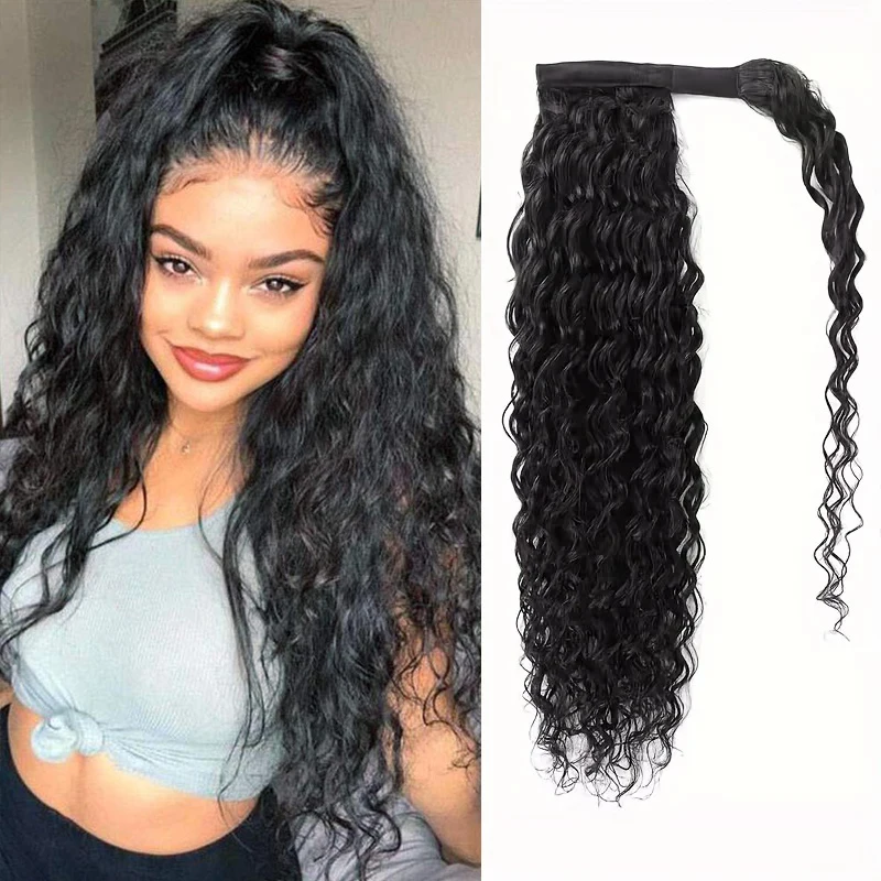 Human Hair Extensions Deep Wave Ponytail Natural Black Brazilian Wrap Around Pony