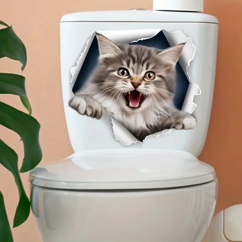 Autocollant Déco Toilette Chat Mignon - 20x14 Cm - Vinyle Amovible Sans Traces - Pour Porte Salle De Bain, Carrelage, Meuble - Décoration Drôle Et Facile