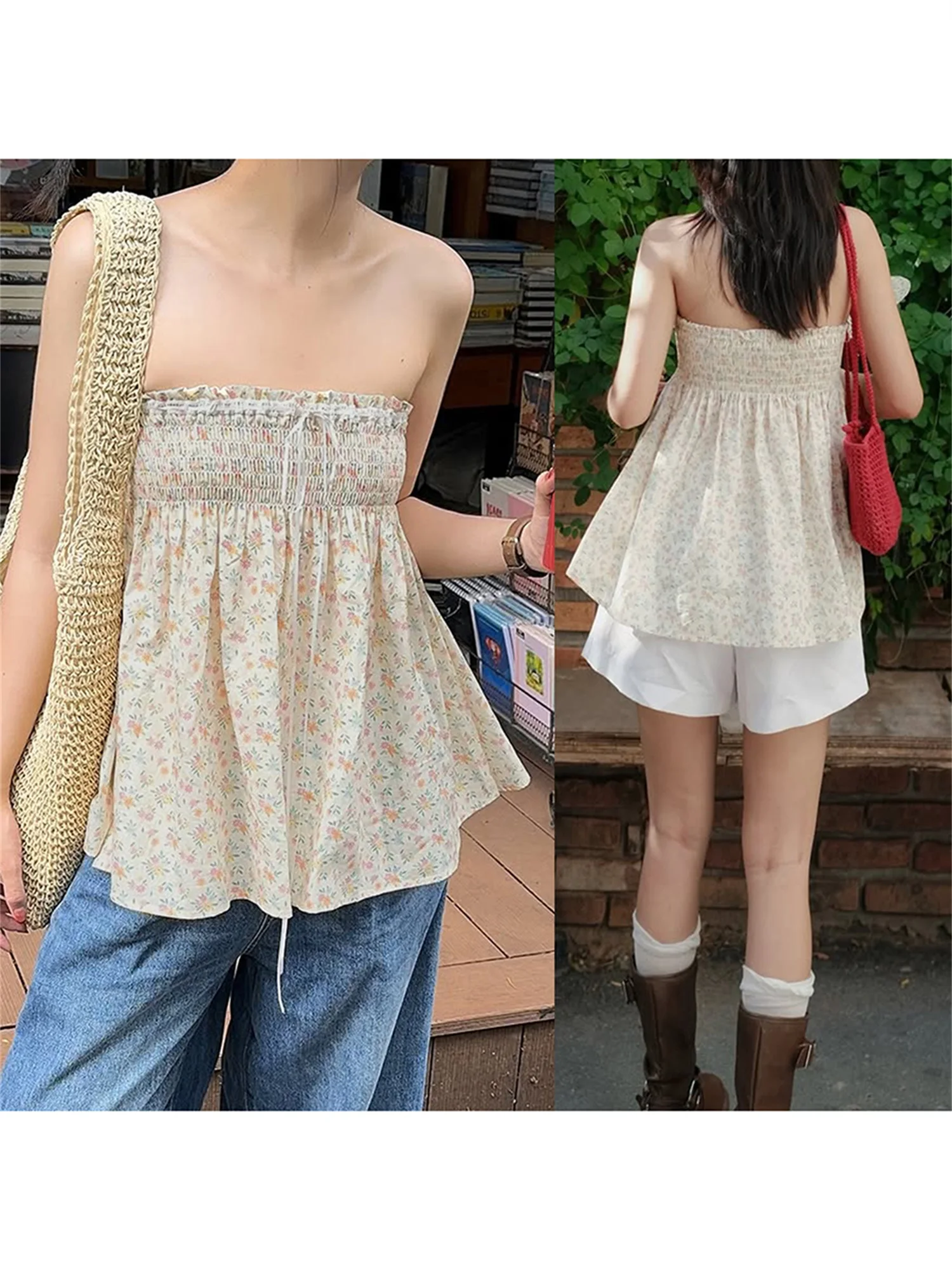 Women s Floral Print Strapless Tube Top with Pleated Detailing Backless Design and Perfect for Summer Clubwear 4