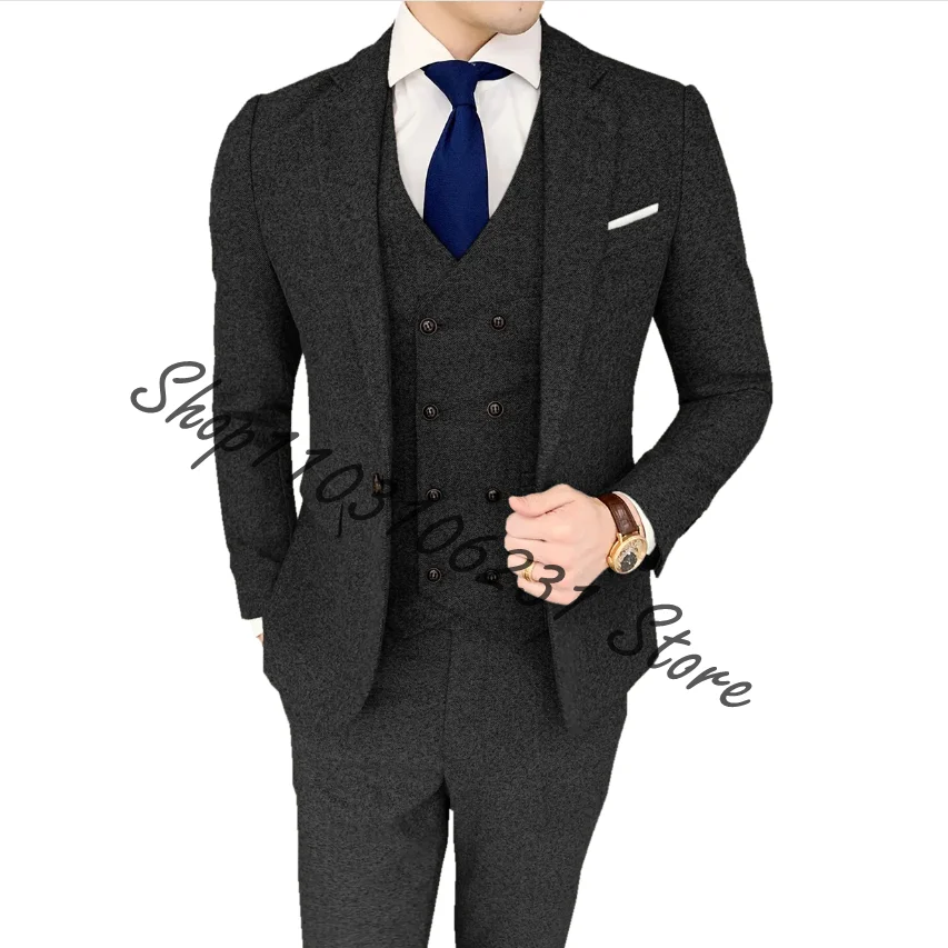 Black Herringbone Tweed Formal Men Suits for Winter 3 Piece Wedding Groomsmen Tuxedos Male Jacket Vest Pants Trajes De Hombre