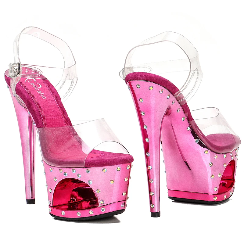 Leecabe  17cm/7inch shiny Rhinstone platform sandals sexy nightclub pole dancing shoes