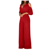Jumpsuit Summer Pure Color Women Sexy Deep V Neck Short Sleeve Rompers Fashion Slim Fit Lace Up Elegant Female Wide Leg Jumpsuit - Image 3