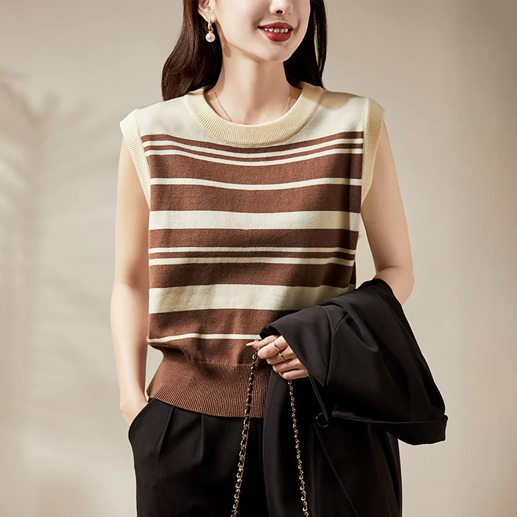

2024 Women Summer New Round Neck Loose Vest Female Striped Knitted Tanks Tops Ladies Streetwear Casual Sleeveless Tops H38