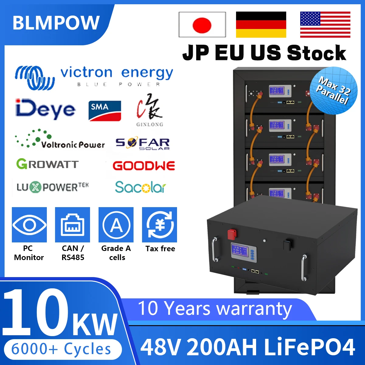 48V 200Ah 100AH 180AH LiFePO4 Battery Pack Lithium Ion Battery 32 Parellel 10KW 5KW 6000 Cycle 200A BMS With CAN/RS485 For Solar