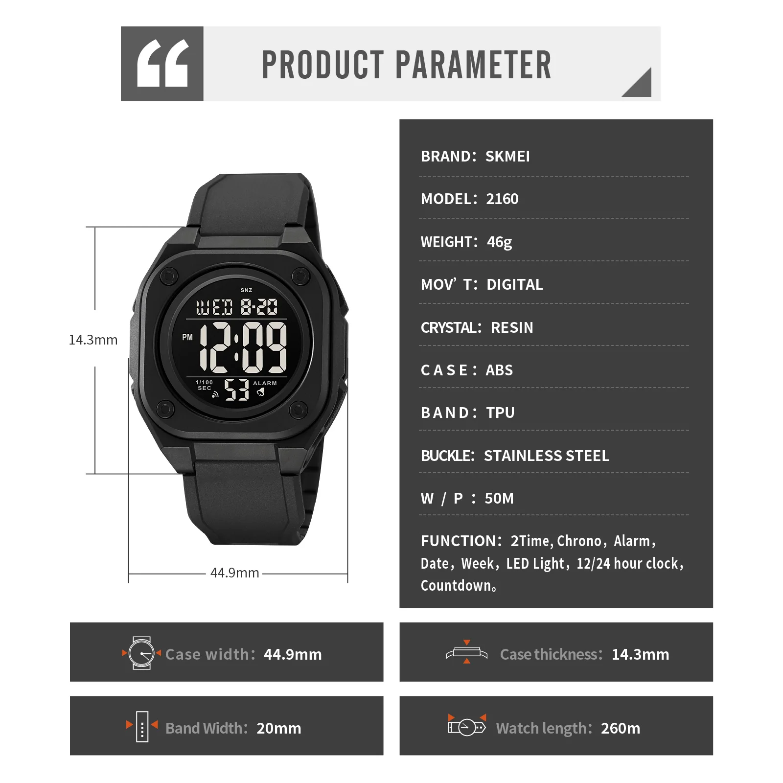 SKMEI 2160 Countdown Digital Mens Sport Watches Casual Stopwatch Date Week Waterproof Men Wristwatch Alarm Clock reloj hombre 6
