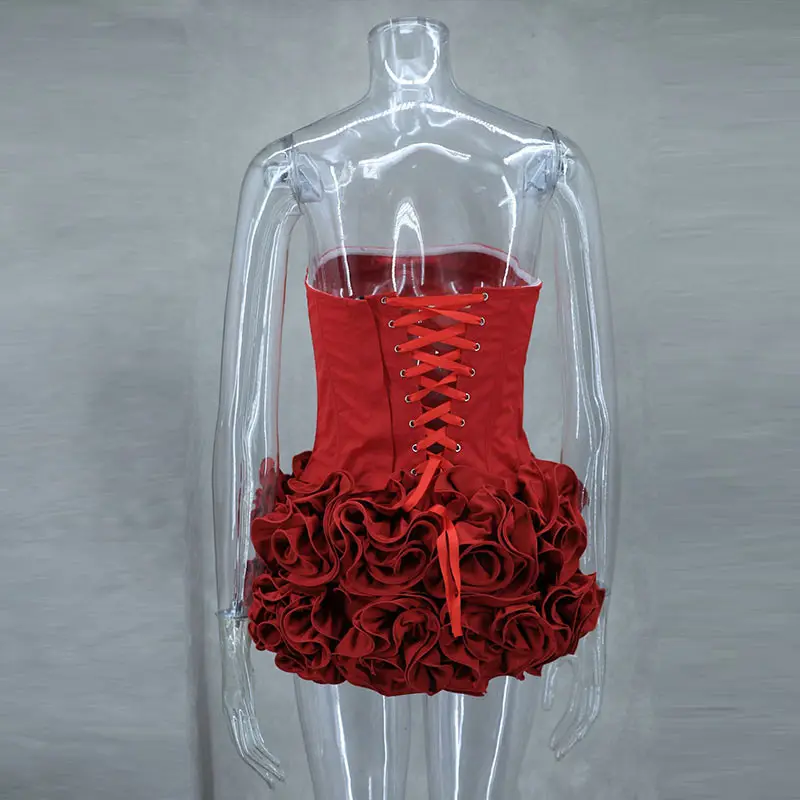 Conjunto de falda y top de tubo con flores 3D rojas navideñas para mujer, falda corta con estampado floral y vendaje ajustable, ideal para fiestas.