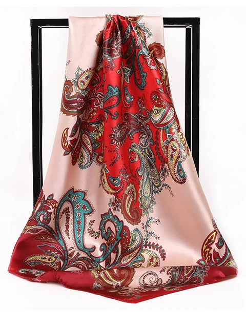 90*90 cm Piazza Sciarpe di Seta Donne Scialli Hijab Moda Anacardi Stampa Fiore Fazzoletto Femme Testa Sciarpa Foulard Bandana Spiaggia Pareo 3