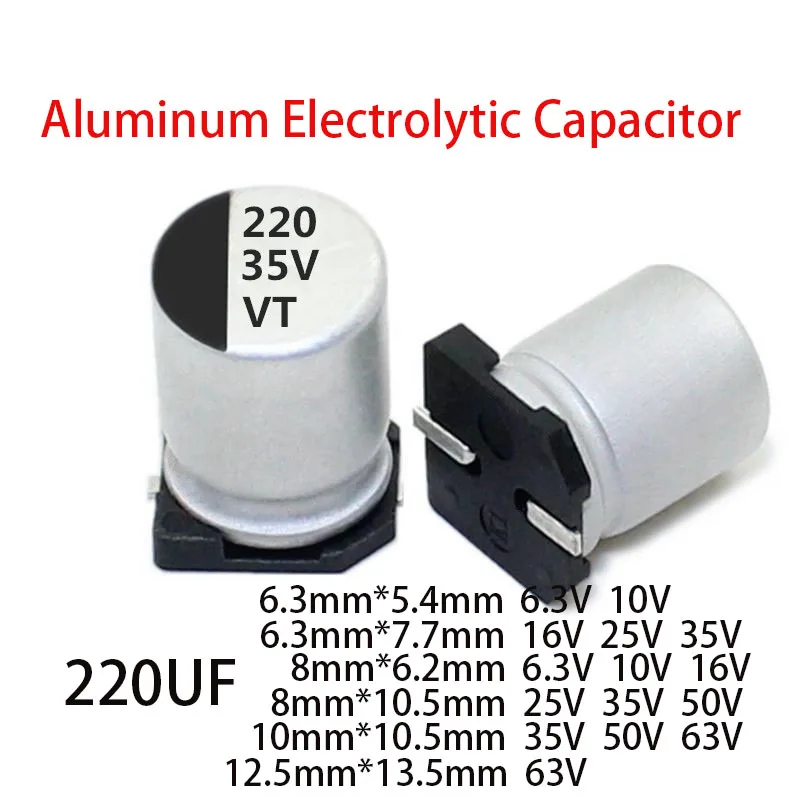 20PCS/LOT 220UF SMD Aluminum Electrolytic Capacitor 6.3V 10V 16V 25V 35V 50V 63V 6.3X5.4 6.3X7.7 8X6.2 8X10.5 10X10.5 220UF