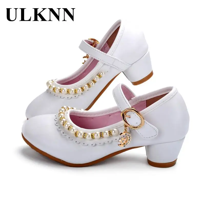 ULKNN Kids Shoes Girls Sandals Ruffles Pink White Fille Shoes Pearl Soft Leather Female Sandal Children Princess Dress