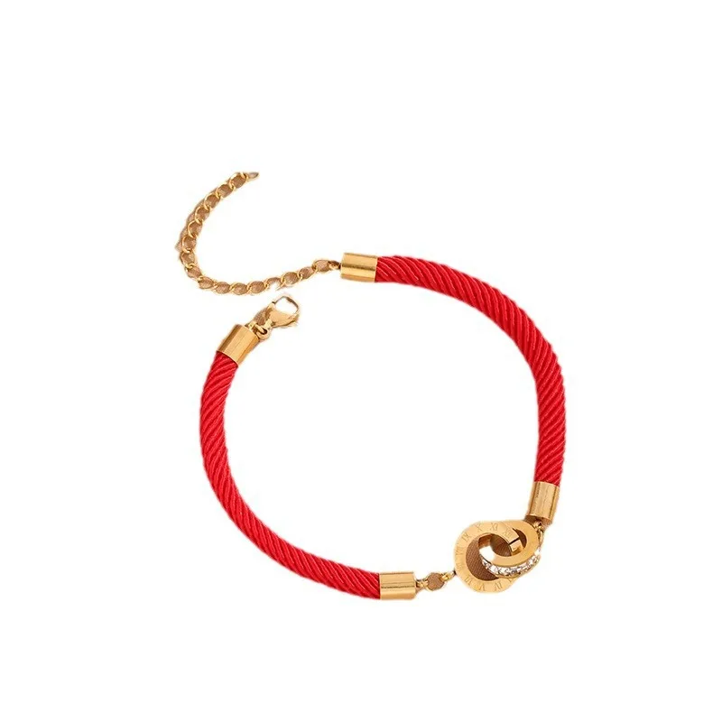 Stainless Steel Bracelets Roman Number Interlock Circle Braided Lucky Red Rope Fashion Charm Bracelet For Women Jewelry Gifts