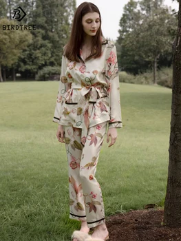 Birdtree 90%Real Silk Pajama Set Lapel Long Sleeve Pants Belt Casual Breathable Comfort Smooth Loungewear Autumn Women S41449QD