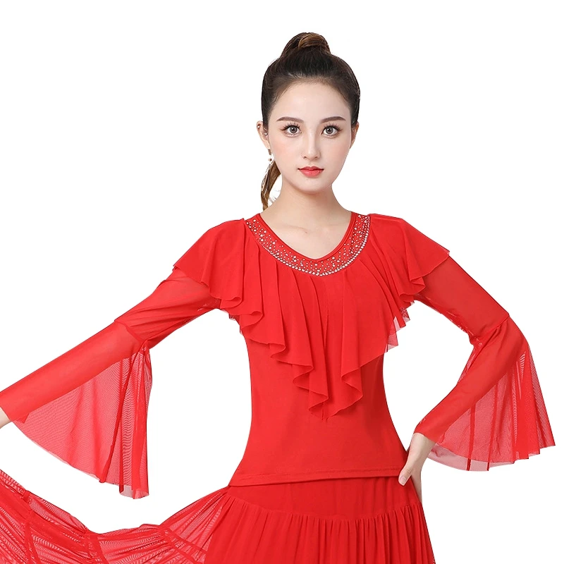 Noble Ruffle Leader Long Sleeve Dance Tops For Women Solid Color Diamond Polished Lace V-Neck Latin Ballroom Dancewear