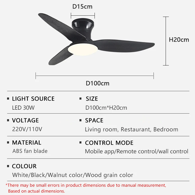 Smart LED Ceiling fan light 3 leaves Low Floor Strong Wind Low noise 6-Speed Timed Remote Control APP Simple Household Fan Lamp