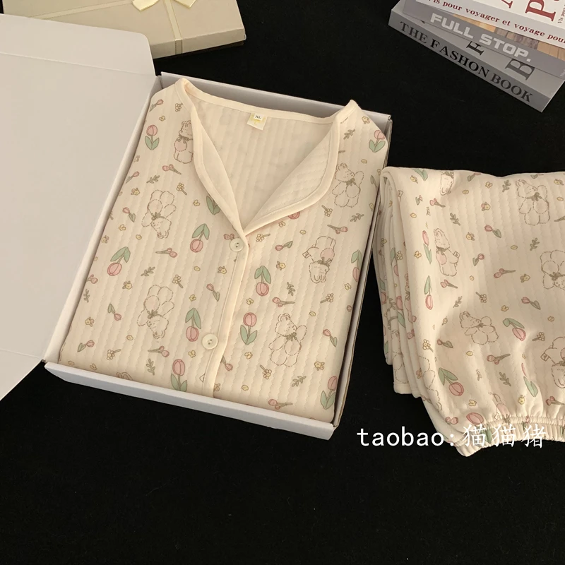 Home Wear Adult Loose Casual Cartoon Cute Printed Cotton Autumn and Winter Thickened Warm Long Sleeve Suit Spring and Autumn 1Pc