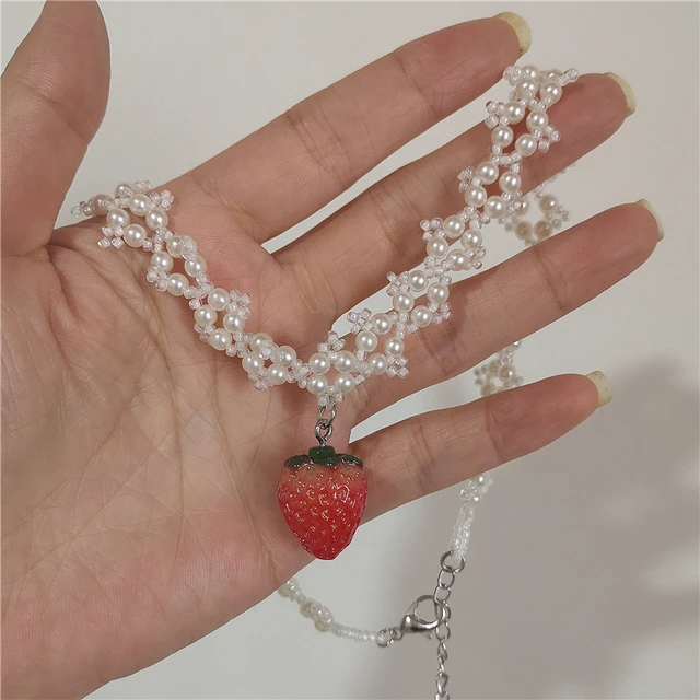 Handmade Y2k Strawberry Ribbon Necklace Coquette Style Pearl Necklace -  Necklace - AliExpress