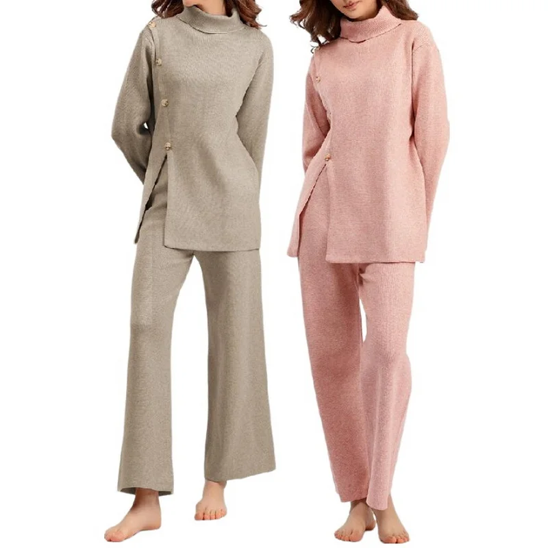 

Женский вязаный свитер-пуловер в стиле накидки, вязаный свитер с воротником-стойкой и разрезом и брюки с широкими штанинами, комплект из двух предметов