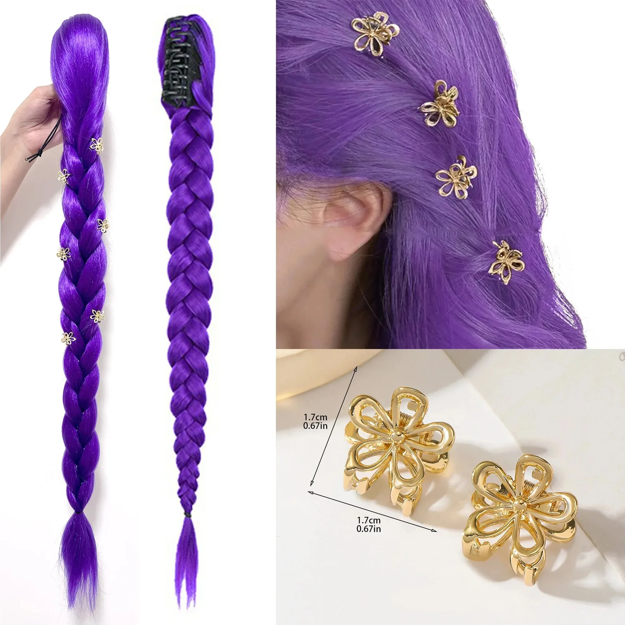 Tresse violette de 82 pouces de long avec fleur pour enfants et filles, queue de cheval synthétique Rumi, coiffure de costume pour Halloween et Noël