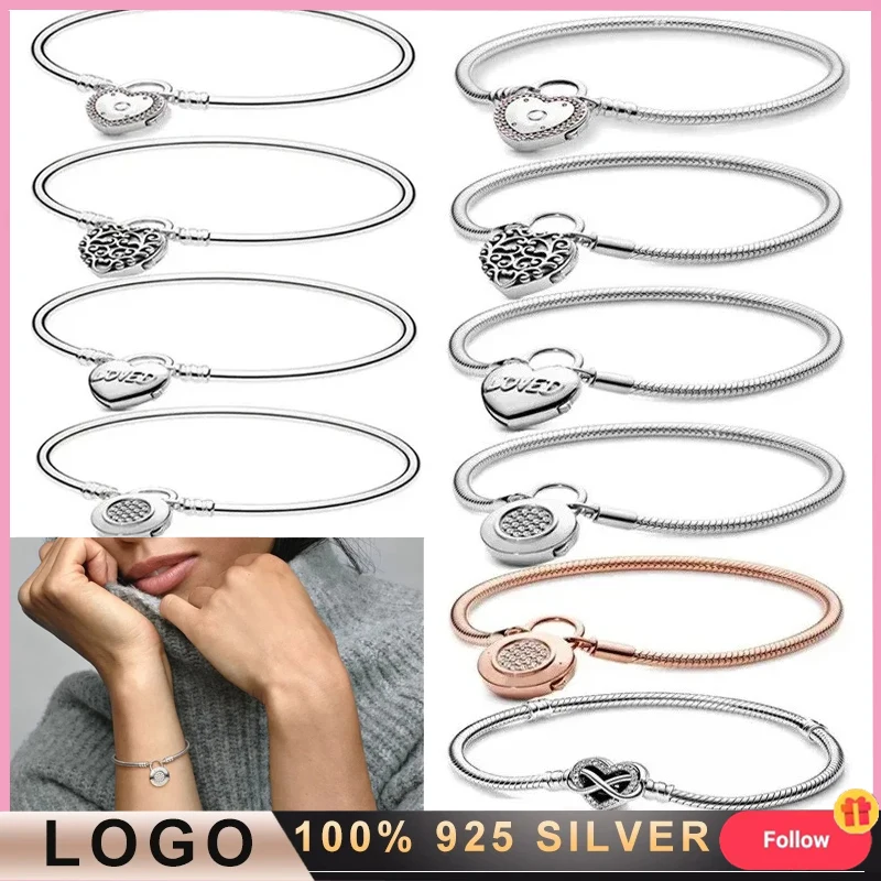 New Women's 925 Silver Original Logo Pav é Close Set Heart shaped Hanging Chain Buckle Snake shaped Bracelet DIY Jewelry Gift