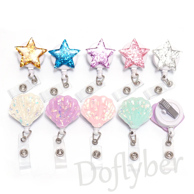 Cute Star Shell Shape Glitter Nurse Doctor Id Card Holder Retractable Work Badge Holder Student Name Badge Reel Office Supplies