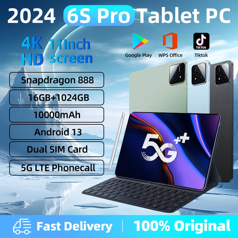 2024 오리지널 글로벌 버전 패드 6S 프로 HD 4K 안드로이드 13.0, 스냅드래곤 888, 11 인치, 16GB + 2014GB, 10000mAh 태블릿 PC, 5G 듀얼 SIM 와이파이