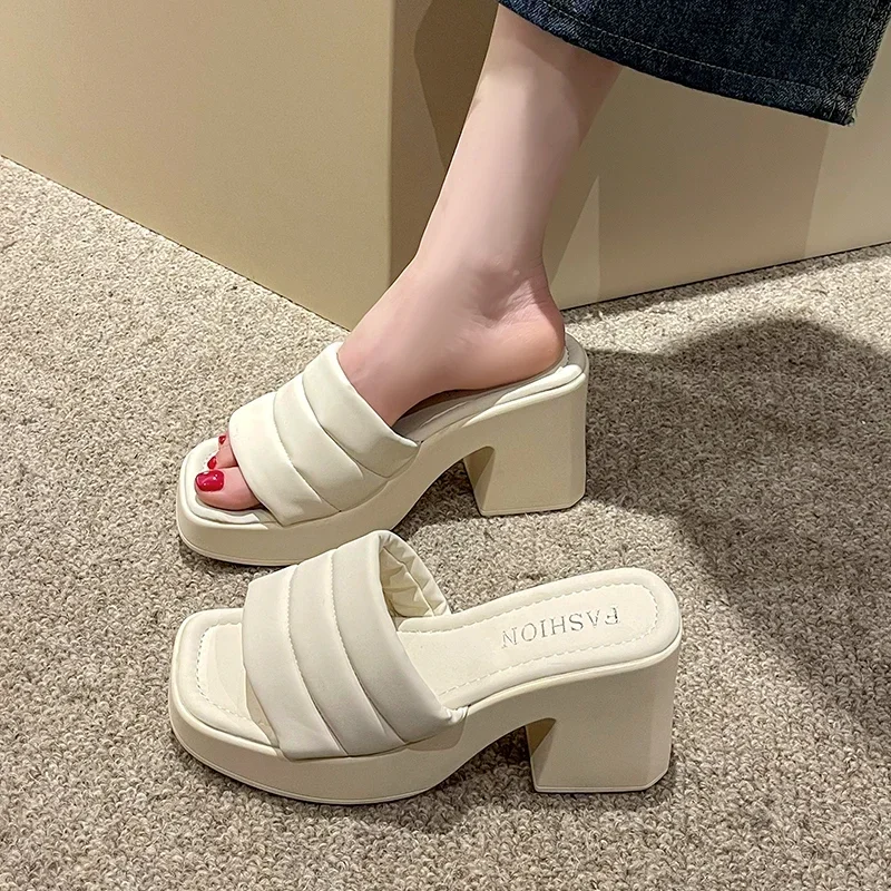 

High Heels Slides Women 2024 Summer New Women's Slippers Comfortable Chunky Heel Versatile Thick-soled Fashion One Word Drag