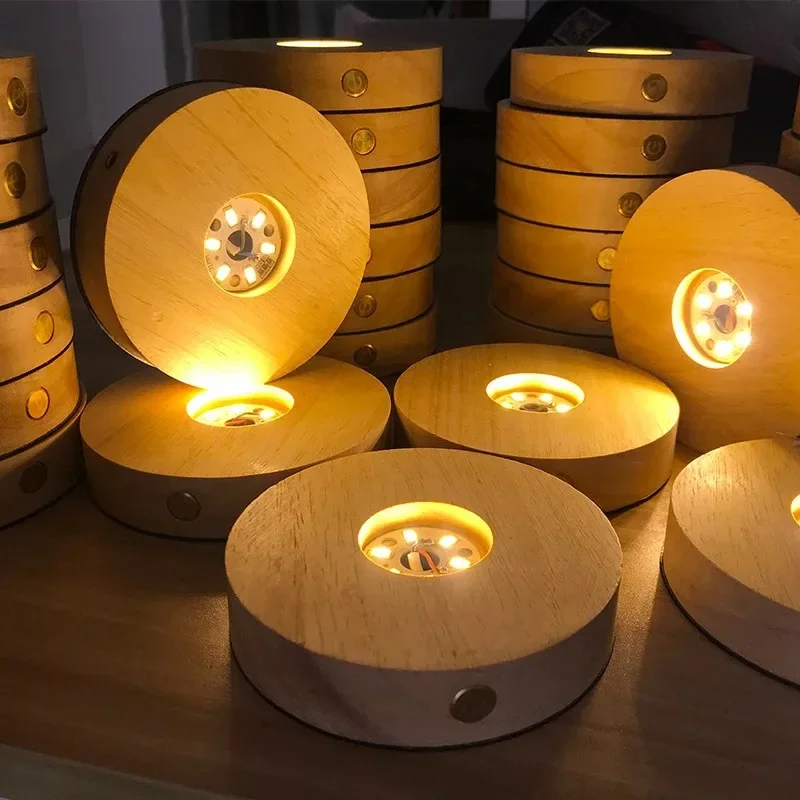 Wireless Wooden Light Base Round Solid LED Wooden Night Light RGB and 3 Colors Solid Batteries Powered Crystal Ball Base Lamp