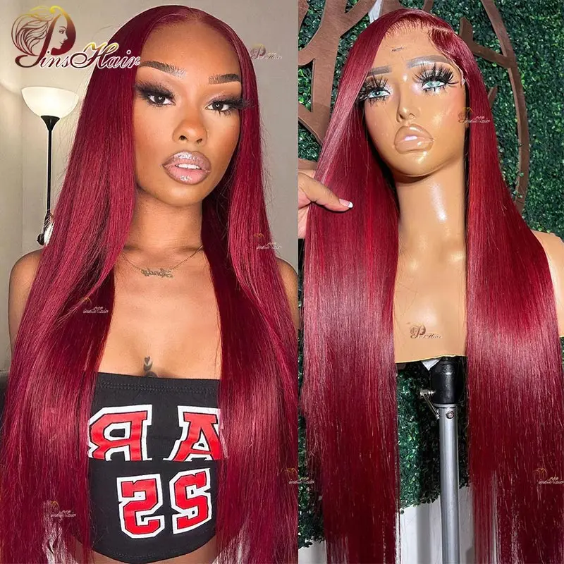 

99J Straight Lace Front Human Hair Wigs for Women 13X6 Lace Frontal Wig Human Hair Remy Pre Plucked Burgundy Red Lace Front Wig