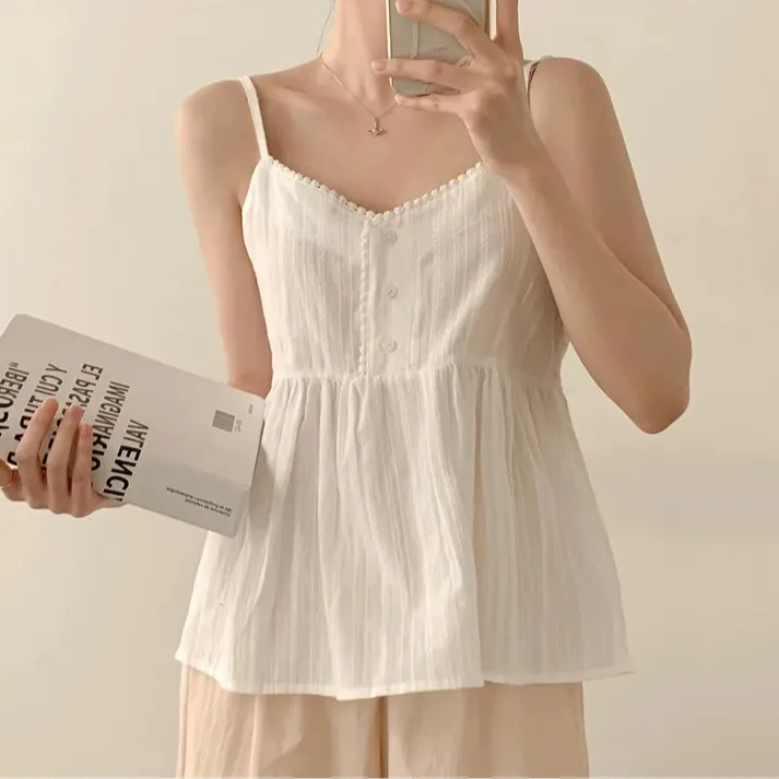 Cute Ruffle Patchwork f Open Collar Tee Button Strap Vest Spring Summer Faion Ladies' Tank Top Polyester Fiber 00%