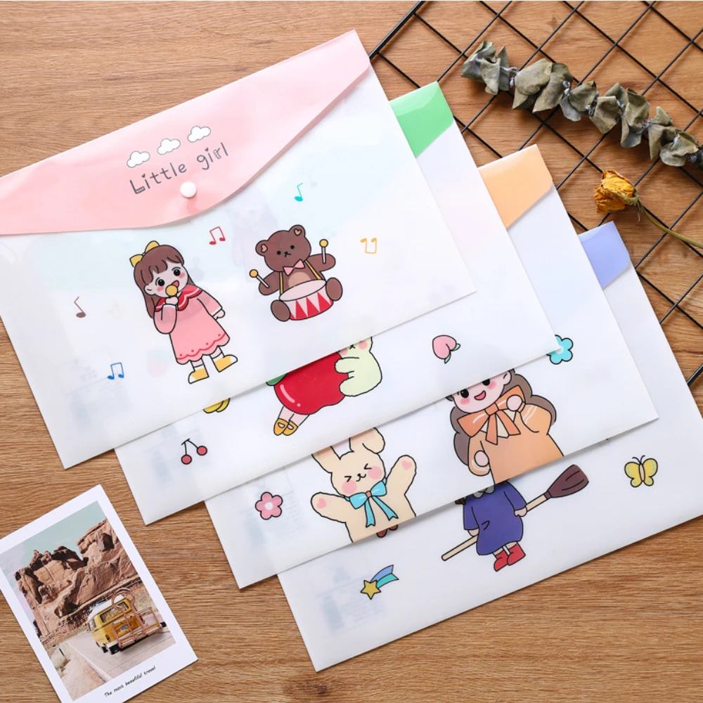 12Pcs/set Of A4 Cartoon Cute File Folders Snap Bags Pink Dinasour Pattern Documents Pockets For Girls Boys School Supplies