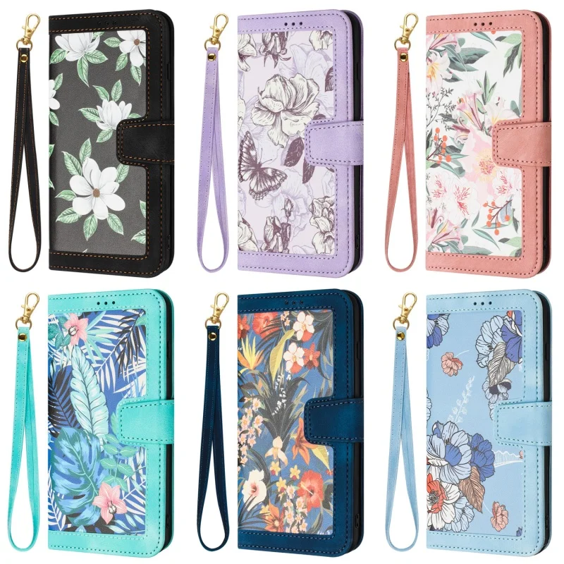 Embossed Flower Leather Wallet Phone Case with Wrist Strap and Card Holder