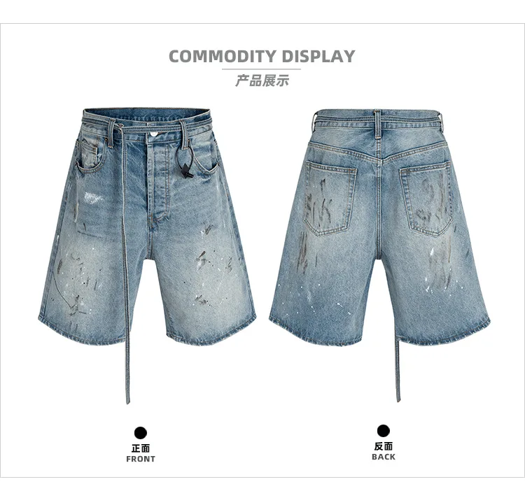 MIJKO Blue Shorts Ink Splashed Hand-painted Denim Shorts Men Washed Baggy Knee Length Jeans Pants