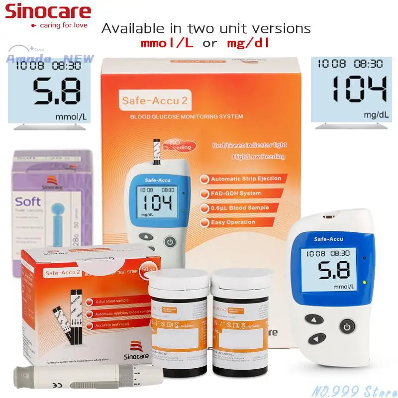 Safe Accu2 Blood Glucometer With 50/100 Test Strips And Lancets Needles Blood Glucose Medical Pvc 200 Set With Date & Time 0.6u