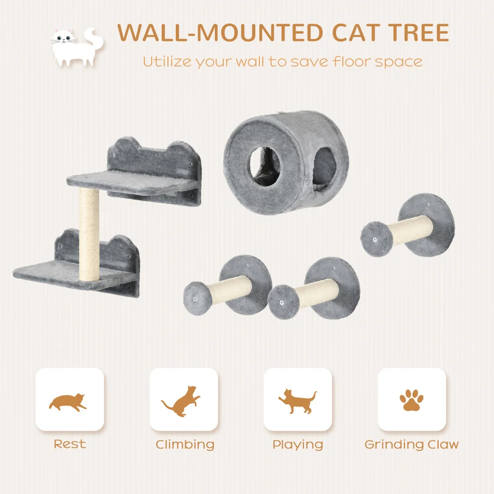 5PCs Cat Wall Shelves, Pet Wall-mounted Climbing Shelf Set, Kitten Activity Center with Condo, Cushion, Scratching Post, Jumping 4