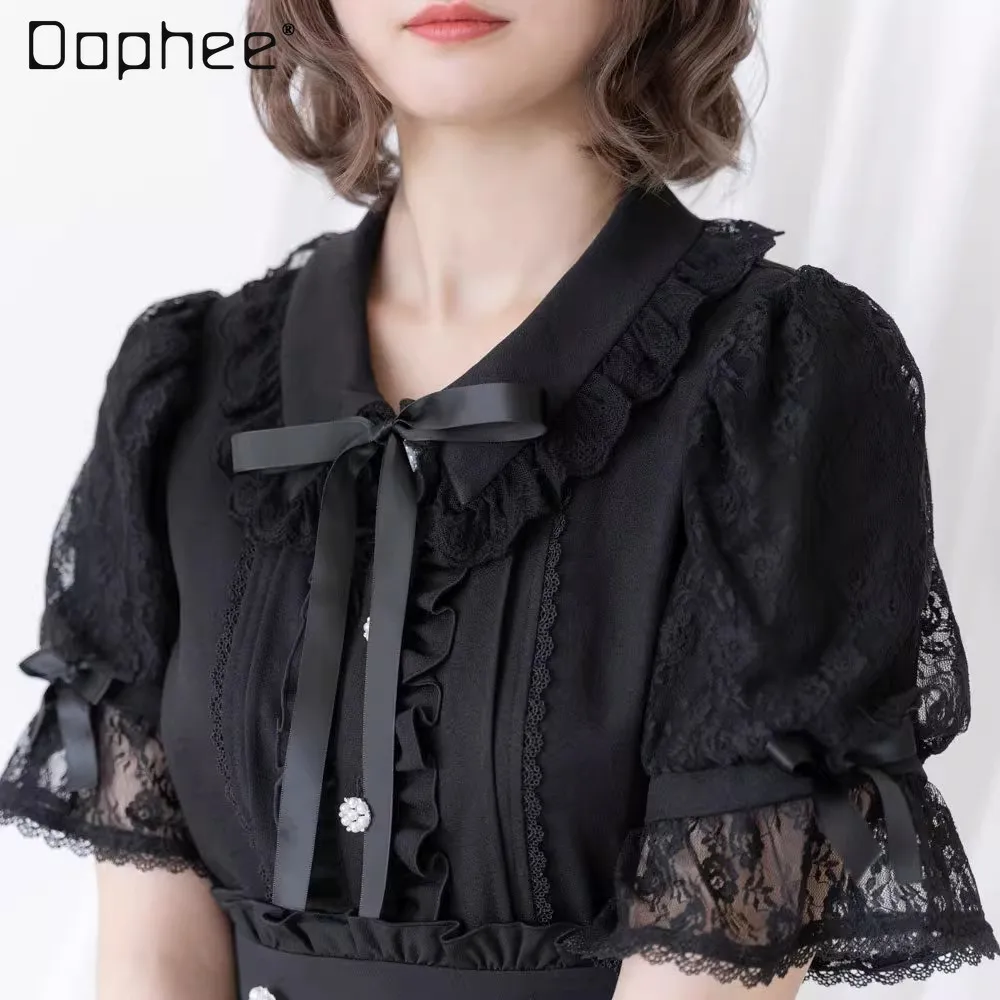 

Japanese Sweet Doll Collar Blouse Cute Ladies Flared Short Sleeve Ribbon Bow Lace Patchwork Black Top Summer Blusas Femininas