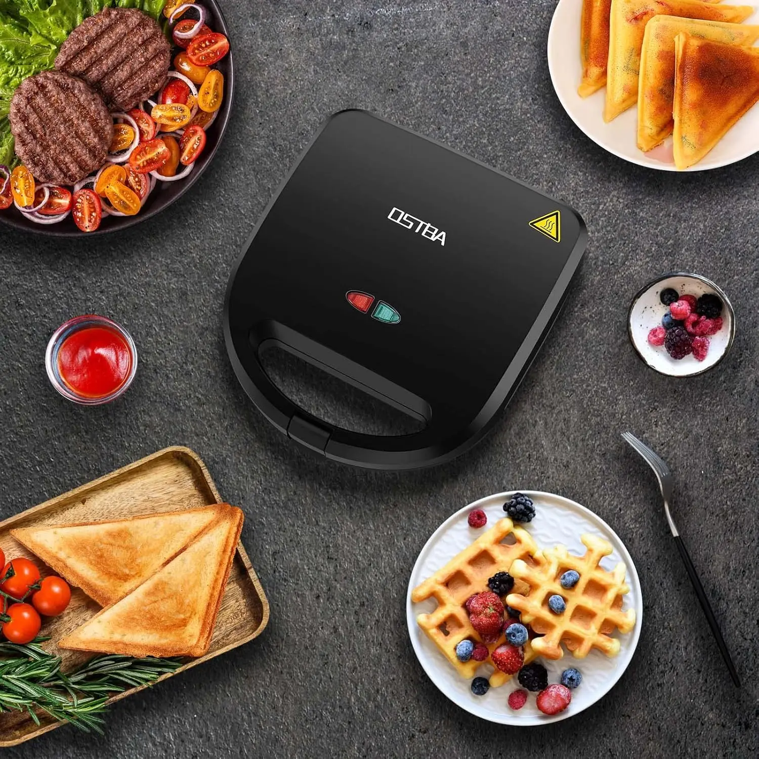 3 in1 Sandwich Maker Panini Press Waffle Iron Set with 3 Removable Non-Stick Plates 750 W Toaster Perfect for Sandwiches Grilled 6