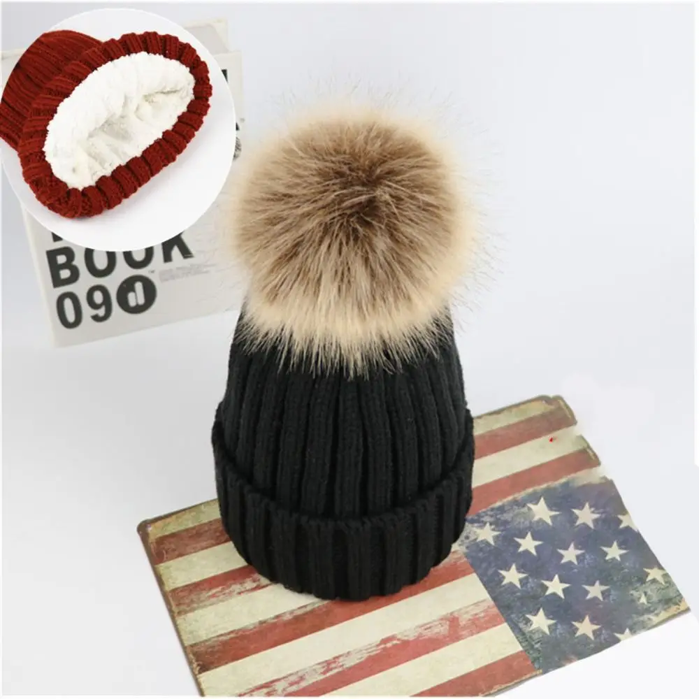 

Imitation Fox Hair Ball Knitted Hat Versatile Velvet Thickened Double Thick Winter Hat Soft Warm Cap Boys Girls