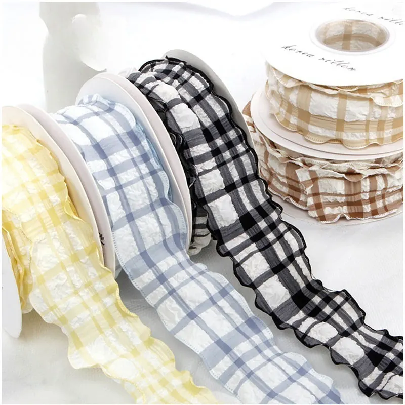 

Checkered pleated yarn ribbon gift box packaging ribbons handmade DIY hair accessories Christmas decorative ribbons
