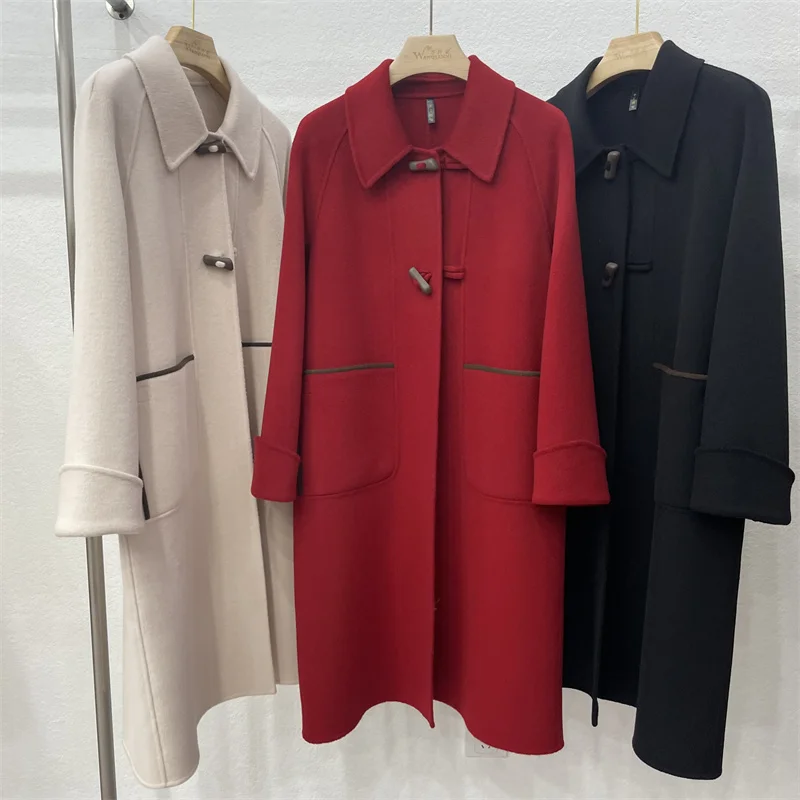 

RosEvans New Horn Buckle Wool Coat Women Mid-winter Long Loose Simple Double-sided Woolen Cashmere Coat Thick Fit Autumn Winter