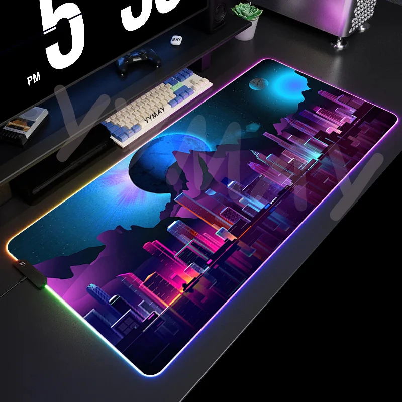 Alfombrilla de ratón para juegos con retroiluminación de ciudad de neón, alfombra de escritorio RGB, alfombrillas para jugador, alfombrilla de ratón LED, alfombrillas de goma antideslizantes para tecl