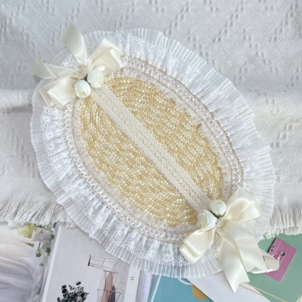 Neuer französischer ländlicher Stil, Lolita-Strohhut, Band, Schleife mit Riemen, Band, Blume, Strandhut, Haarschmuck, Rüschen, Spitze, flacher Hut – Detail 6