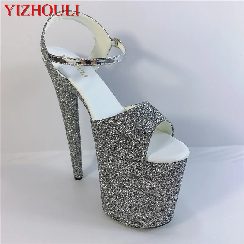 Sparkly 20cm grey glitter waterproof platform, summer 8 inch stiletto heels/sexy high-heeled pole model walking  dance shoes