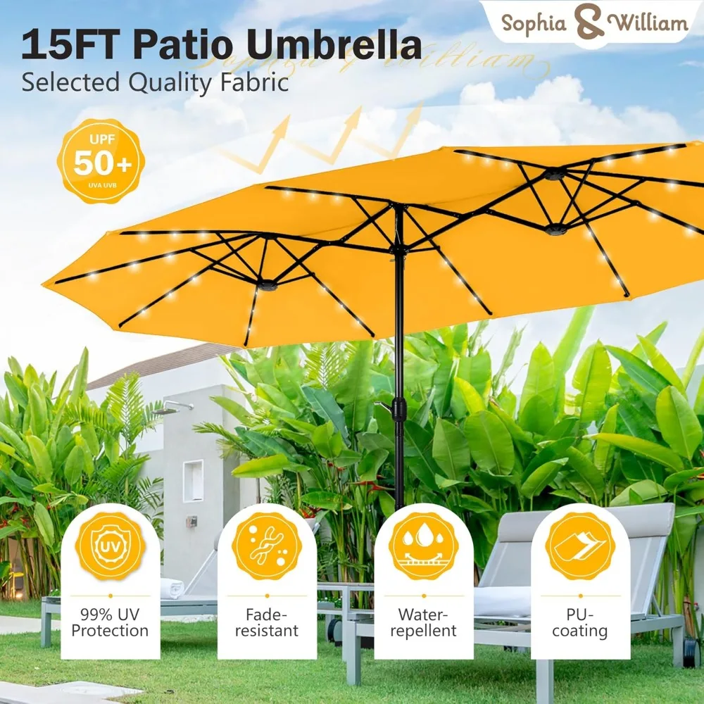 15 ft Extra Large Patio Umbrella with Solar Lights, Rectangular Outdoor Umbrella with Base Included, Market Umb 4