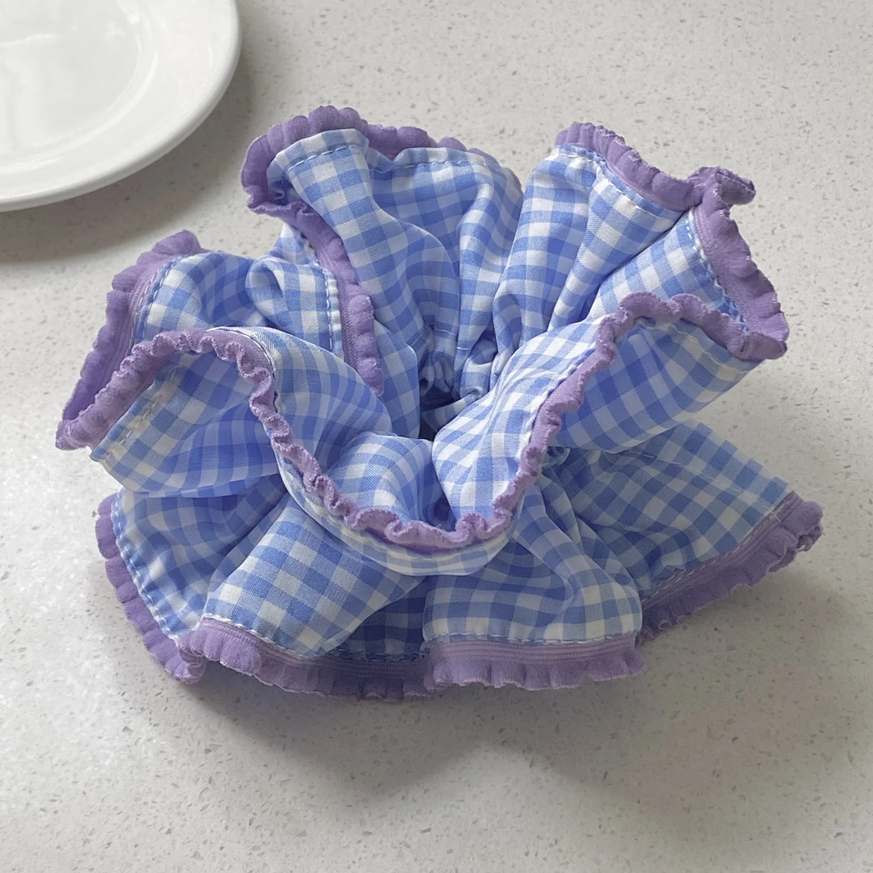 1PC  Blue And White Plaid Scrunchie With Purple Ruffle Trim, Cute Hair Accessory For Women, Stylish Hair Tie For Daily