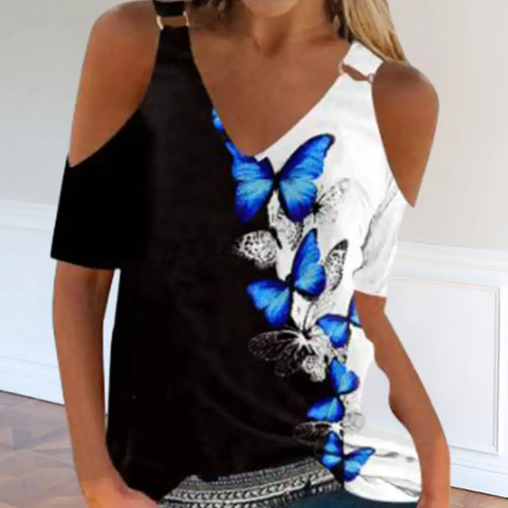 

Women Commuter Style Blouse Floral Print V-neck T-shirt Stylish Summer Tops with Shoulder Buckle Decor for Women Streetwear