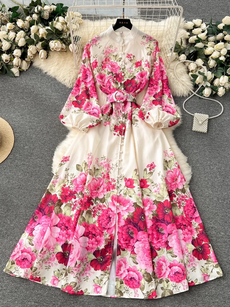 

Women Print Floral Dress Spring Autumn Long Sleeve Single Breasted Slim A-line Long Dresses Ladies Elegant Vintage Party Robe