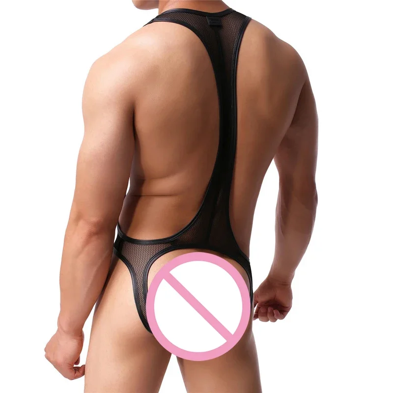 Men Sexy Mesh See-Through Undershirts Bodysuit Wrestling Singlets One-Piece Leotard Open Butt Jumpsuits
