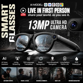Occhiali Smart AI 2026 con Fotocamera da 13MP, Registrazione Video, Traduzione Audio e Video, Occhiali Audio per Live Stream e Protezione UV