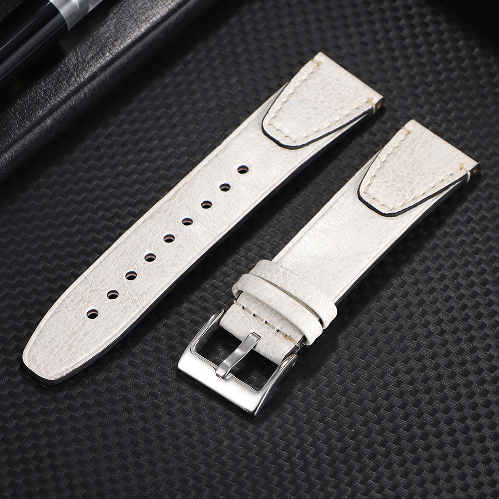 Vintage Oil Wax Leather Watchband with Stitching in Brown